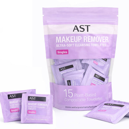 AST Makeup Remover Wipes, Daily Single Face Cleansing Towelettes, Makeup Removing Cleansing Wipes Removes Dirt & Oil, Alcohol-Free Face Towelettes, 15 ct