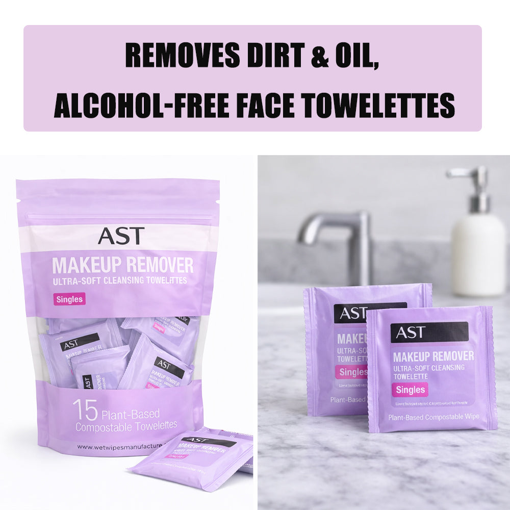 AST Makeup Remover Wipes, Daily Single Face Cleansing Towelettes, Makeup Removing Cleansing Wipes Removes Dirt & Oil, Alcohol-Free Face Towelettes, 15 ct