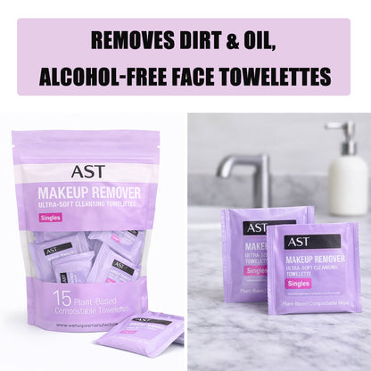 AST Makeup Remover Wipes, Daily Single Face Cleansing Towelettes, Makeup Removing Cleansing Wipes Removes Dirt & Oil, Alcohol-Free Face Towelettes, 15 ct