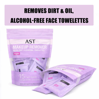 AST Makeup Remover Wipes, Daily Single Face Cleansing Towelettes, Makeup Removing Cleansing Wipes Removes Dirt & Oil, Alcohol-Free Face Towelettes, 15 ct